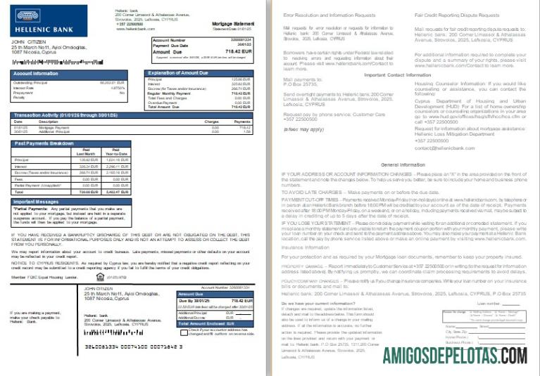 Extrato de hipoteca do Banco Helénico de Chipre, 2 páginas, 1 2 Scr amostra